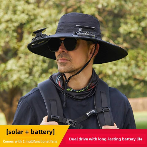 Large Size Quick-Dry Sun Hat, Solar & USB Rechargeable Cooling Fisherman Hat, Adjustable Wide Brim Dual Fan Hat, UV Protection Portable Wearable Fan Cap for Fishing Hiking Camping Summer Outdoor Travel