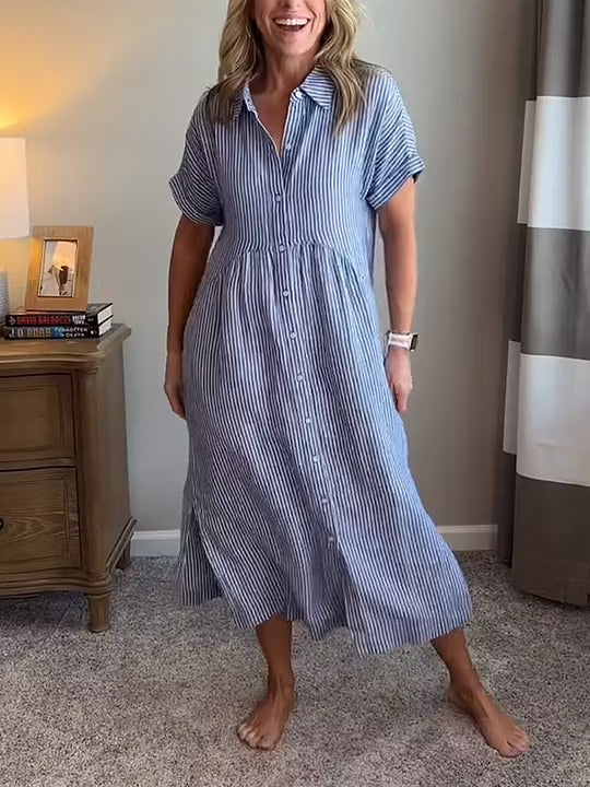 🔥LAST DAY SALE 50% OFF🔥 Striped Lapel Button Down Shirt Dress