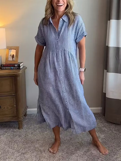🔥LAST DAY SALE 50% OFF🔥 Striped Lapel Button Down Shirt Dress