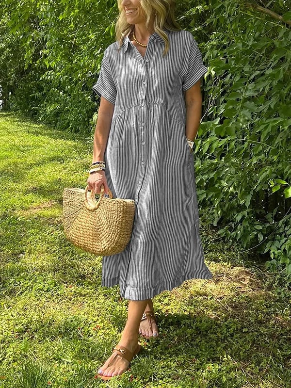 🔥LAST DAY SALE 50% OFF🔥 Striped Lapel Button Down Shirt Dress