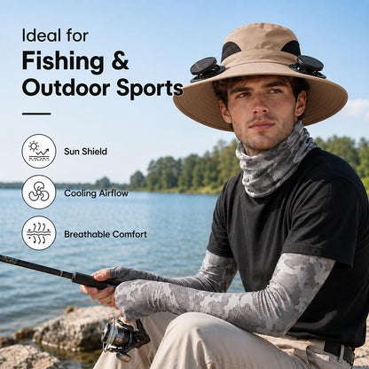 Large Size Quick-Dry Sun Hat, Solar & USB Rechargeable Cooling Fisherman Hat, Adjustable Wide Brim Dual Fan Hat, UV Protection Portable Wearable Fan Cap for Fishing Hiking Camping Summer Outdoor Travel