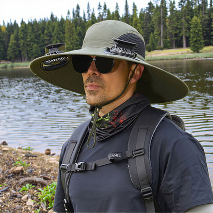 Large Size Quick-Dry Sun Hat, Solar & USB Rechargeable Cooling Fisherman Hat, Adjustable Wide Brim Dual Fan Hat, UV Protection Portable Wearable Fan Cap for Fishing Hiking Camping Summer Outdoor Travel