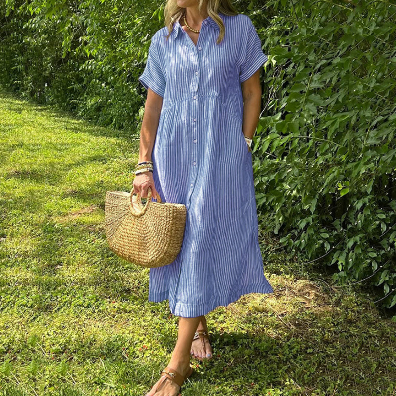 🔥LAST DAY SALE 50% OFF🔥 Striped Lapel Button Down Shirt Dress