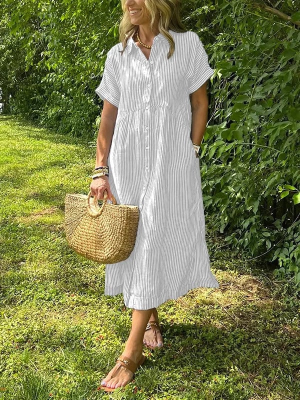 🔥LAST DAY SALE 50% OFF🔥 Striped Lapel Button Down Shirt Dress