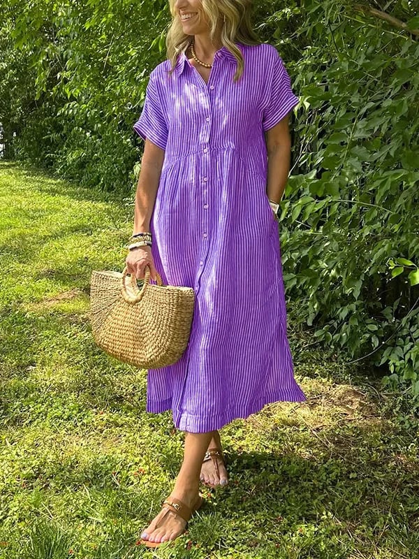 🔥LAST DAY SALE 50% OFF🔥 Striped Lapel Button Down Shirt Dress