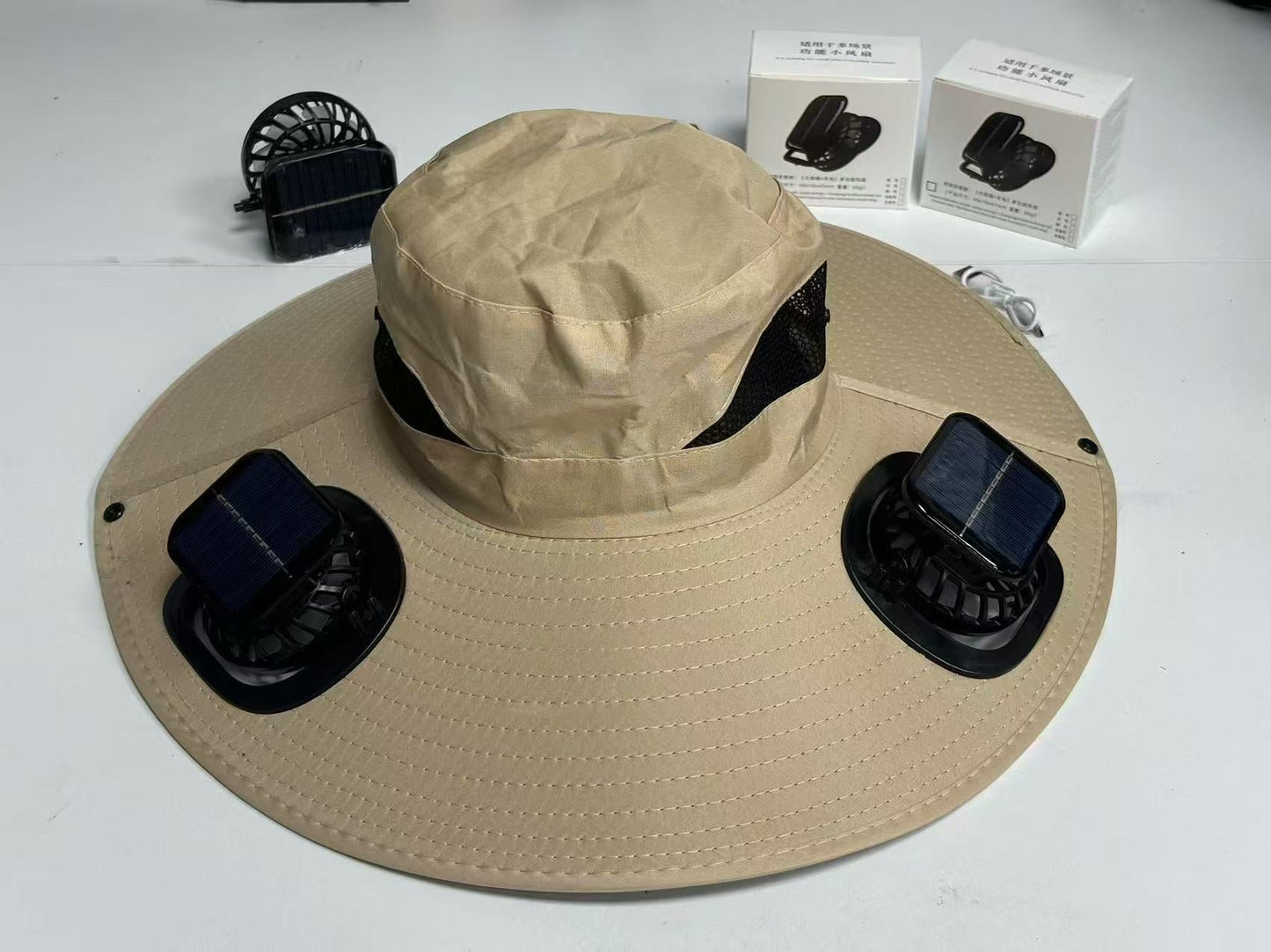 Large Size Quick-Dry Sun Hat, Solar & USB Rechargeable Cooling Fisherman Hat, Adjustable Wide Brim Dual Fan Hat, UV Protection Portable Wearable Fan Cap for Fishing Hiking Camping Summer Outdoor Travel