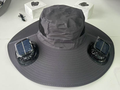 Large Size Quick-Dry Sun Hat, Solar & USB Rechargeable Cooling Fisherman Hat, Adjustable Wide Brim Dual Fan Hat, UV Protection Portable Wearable Fan Cap for Fishing Hiking Camping Summer Outdoor Travel