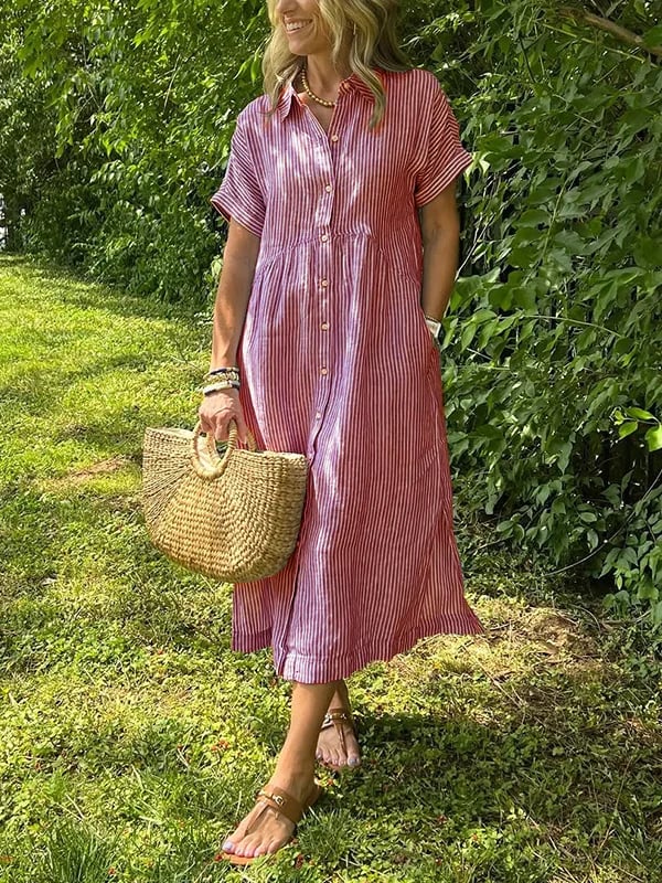 🔥LAST DAY SALE 50% OFF🔥 Striped Lapel Button Down Shirt Dress