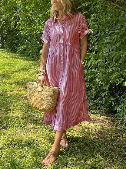 🔥LAST DAY SALE 50% OFF🔥 Striped Lapel Button Down Shirt Dress