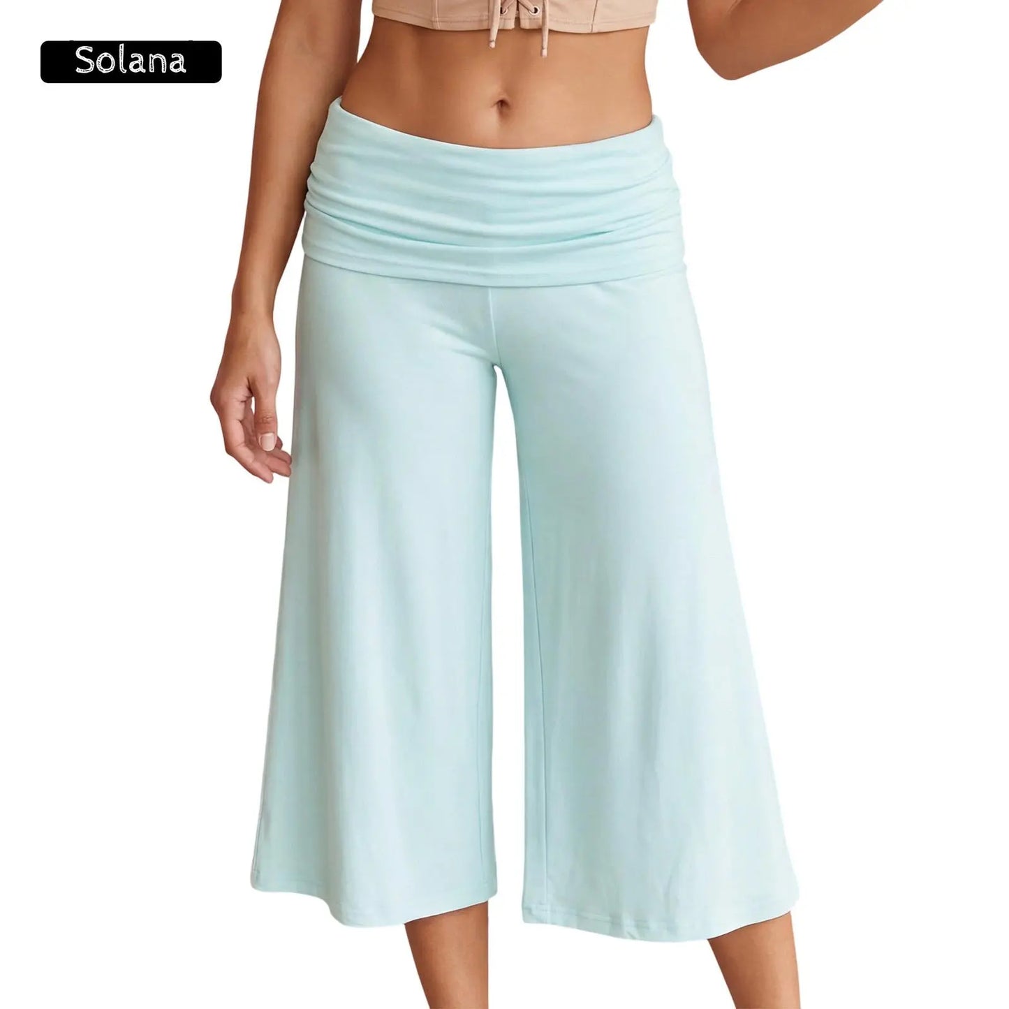 Women Summer Fold Over Wide Leg Capri Pants Low Rise Lounge Yoga Flare Culottes Y2k Soft Flowy Crop Palazzo Pants Beach