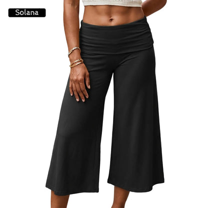 Women Summer Fold Over Wide Leg Capri Pants Low Rise Lounge Yoga Flare Culottes Y2k Soft Flowy Crop Palazzo Pants Beach