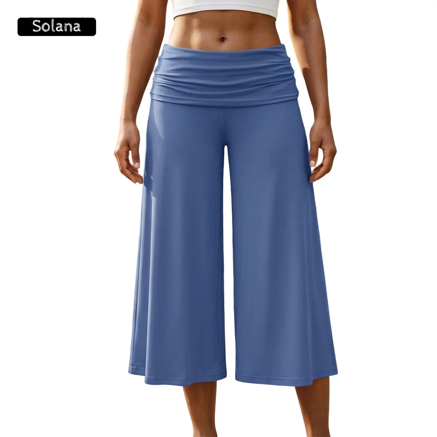 Women Summer Fold Over Wide Leg Capri Pants Low Rise Lounge Yoga Flare Culottes Y2k Soft Flowy Crop Palazzo Pants Beach