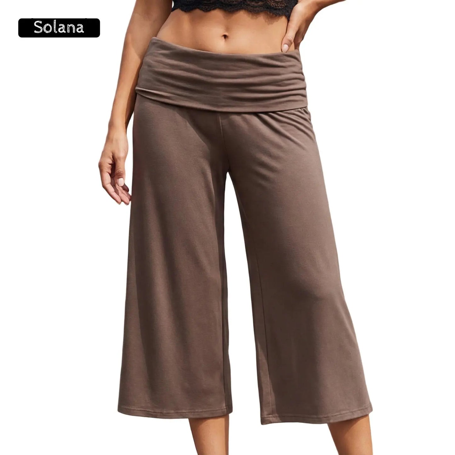 Women Summer Fold Over Wide Leg Capri Pants Low Rise Lounge Yoga Flare Culottes Y2k Soft Flowy Crop Palazzo Pants Beach