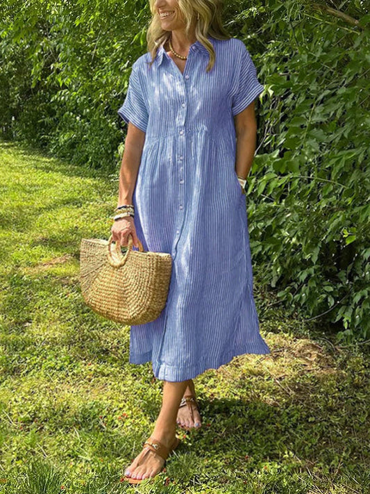 🔥LAST DAY SALE 50% OFF🔥 Striped Lapel Button Down Shirt Dress