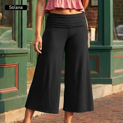 Women Summer Fold Over Wide Leg Capri Pants Low Rise Lounge Yoga Flare Culottes Y2k Soft Flowy Crop Palazzo Pants Beach