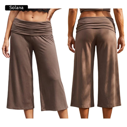 Women Summer Fold Over Wide Leg Capri Pants Low Rise Lounge Yoga Flare Culottes Y2k Soft Flowy Crop Palazzo Pants Beach